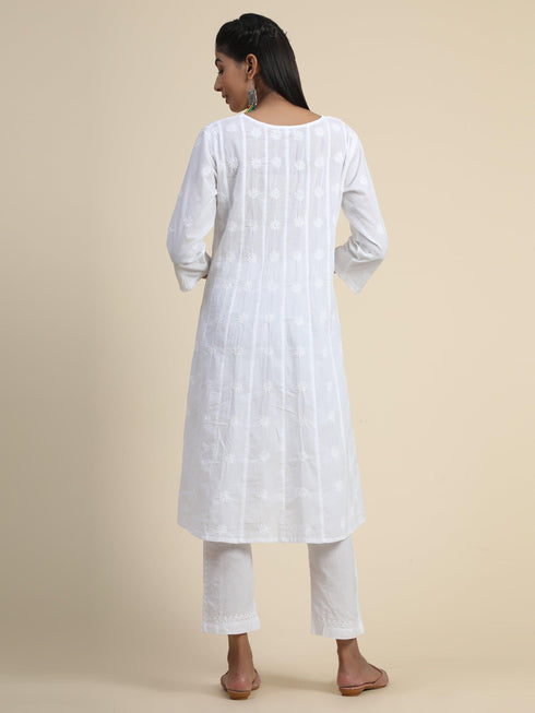 Chikankari Hand embroidery Anarkali Dress in Cotton White